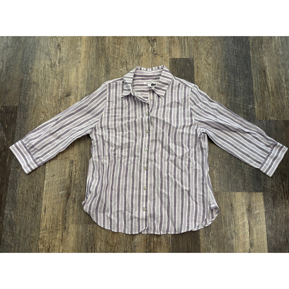 Chicos Purple White Striped 100% Linen Button Down Shirt 3/4 Sleeve Women Size 0